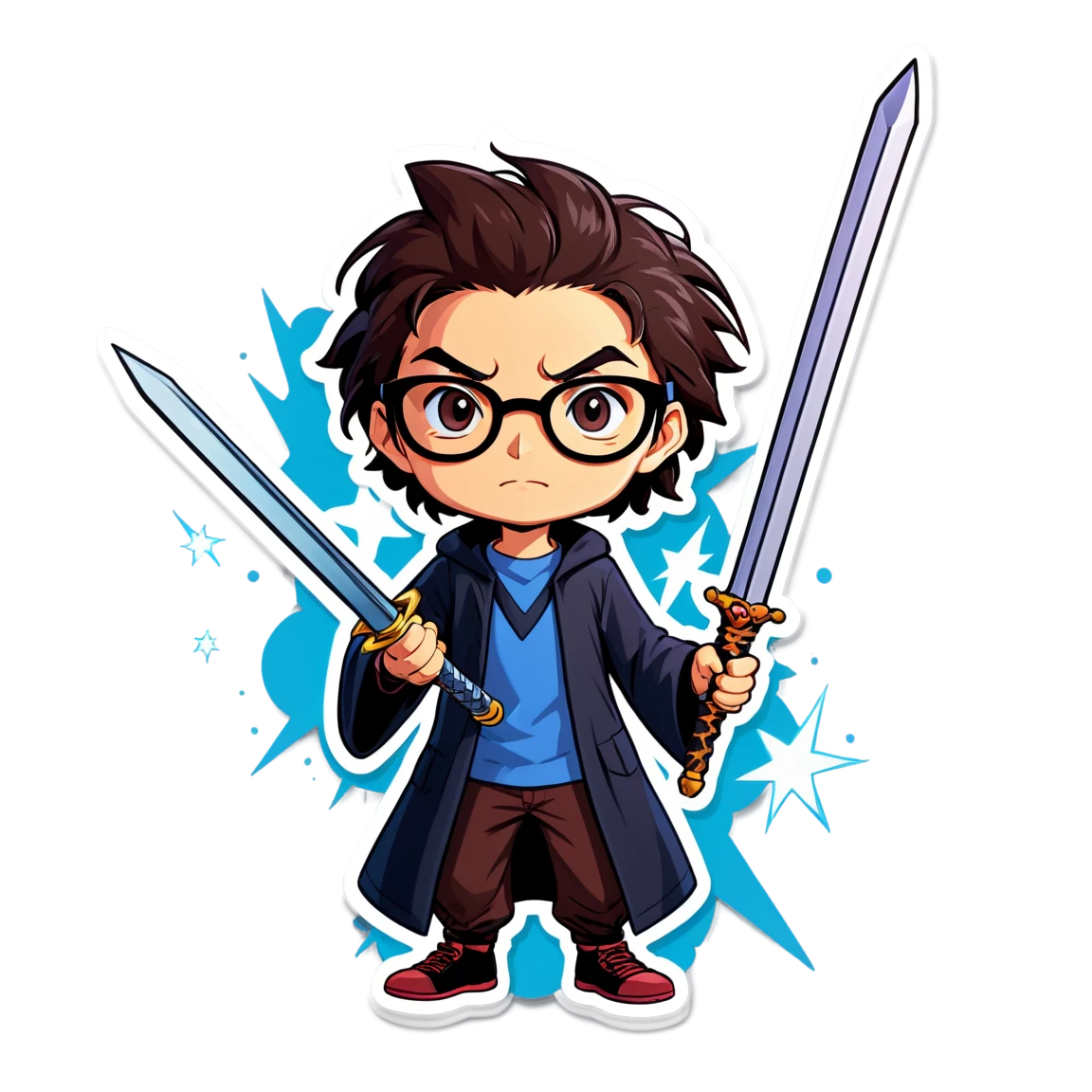 wearing glasses, with a magic wand, holding a sword, in battle anime stickers