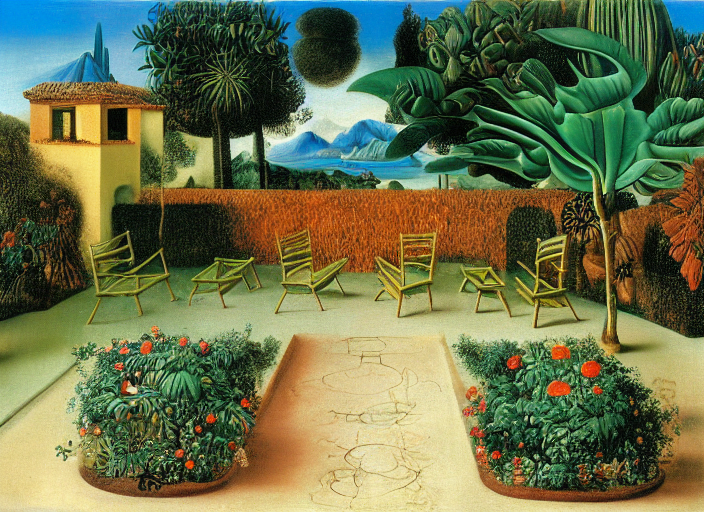 Patio chairs and tables by a manicured garden path  by da Vinci by Salvador Dali by Frida Kahlo by Picasso by Rembrandt