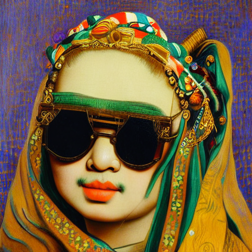 young Asian lady with cool glasses  by Rembrandt by Vincent Van Gogh by Rene Magritte surrealist by Picasso by Gustav Kl