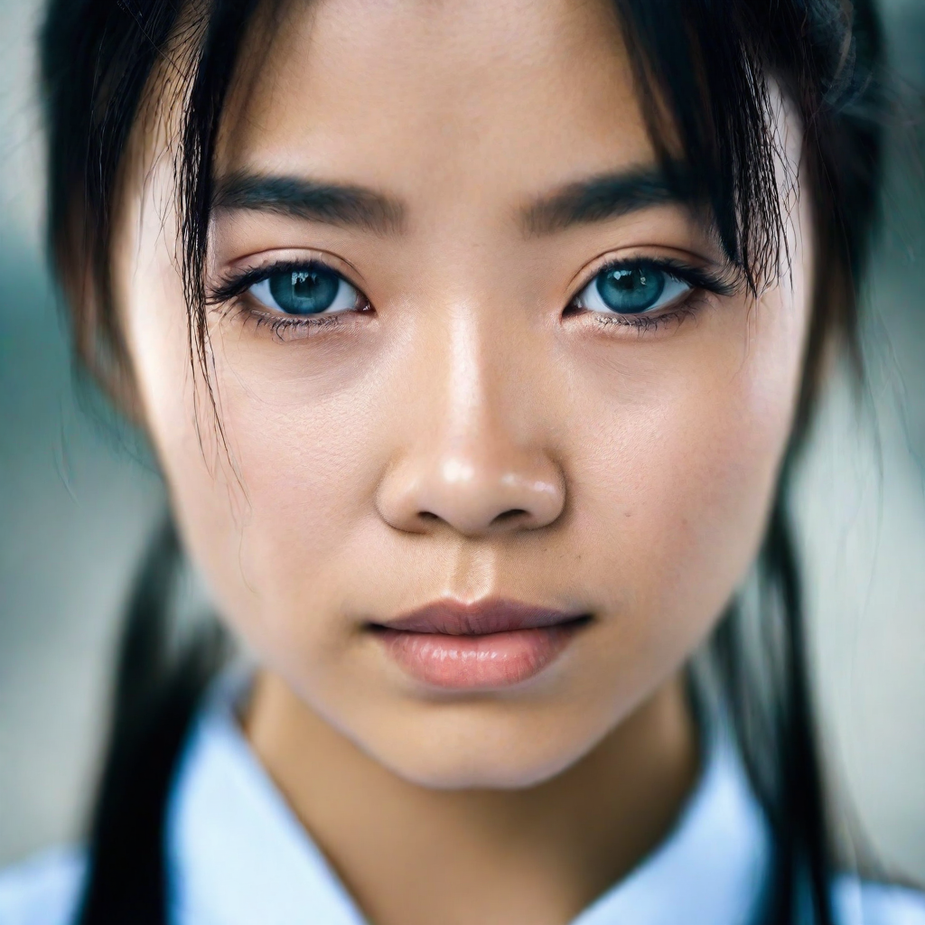 front shot, photo of an asian woman with blue eyes  looks at viewer, cinematic shot