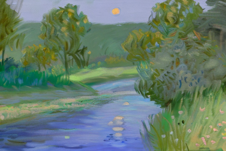 AI generated art representing "Inspired by the trend of muted color palettes, generate a calming landscape scene featuring soft pastel colors. Include elements such as rolling hills, gentle skies, and tranquil waters, reminiscent of the works of Claude Monet."