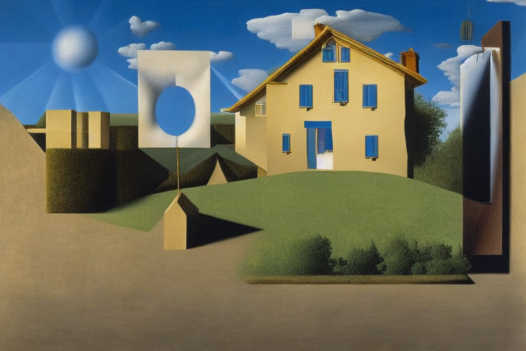 A person standing in front of a house on a sunny day by Rene Magritte surrealist by Salvador Dali by da Vinci by Picasso
