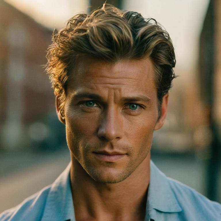 front shot, actor photo of a The most beautiful man in the world  looks at viewer, cinematic shot