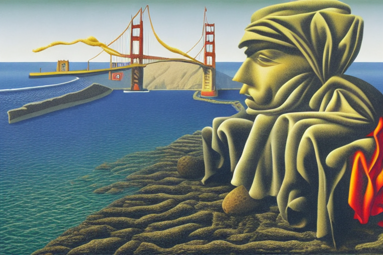 Man with beanie sitting at beach next to Golden Gate Bridge  by Rene Magritte surrealist