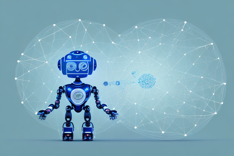 a robotic figure surrounded by a network of interconnected nodes, hand-drawn abstract illustration for a company blog, in style of corporate memphis, faded colors, white background, professional, minimalist, clean lines