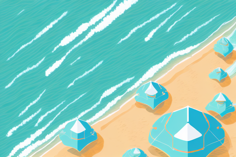 a beach setting with safety precautions in place, hand-drawn abstract illustration for a company blog, in style of corporate memphis, faded colors, white background, professional, minimalist, clean lines