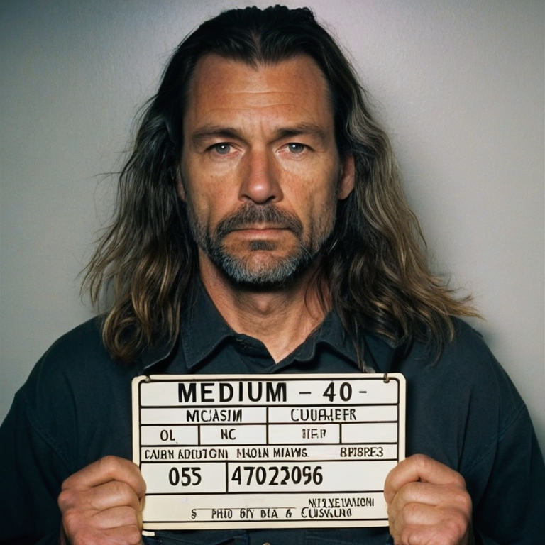 front shot, mugshot photo of a Caucasian man 40s medium length long hair  looks at viewer, cinematic shot