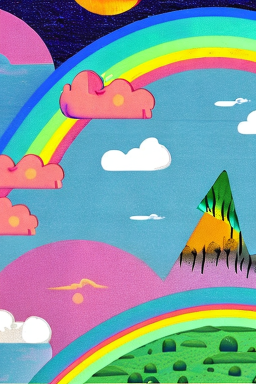 AI generated art representing "dreamland, unicorn riding through the clouds above sky islands, rainbow behind."