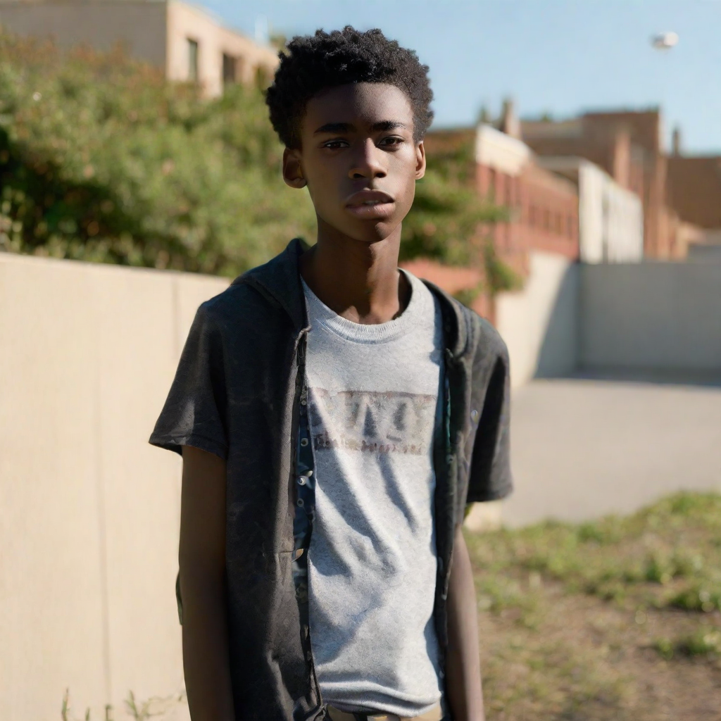 front shot, photo of Black male, skinny, approximately 5’8”, high school age 17  looks at viewer, cinematic shot