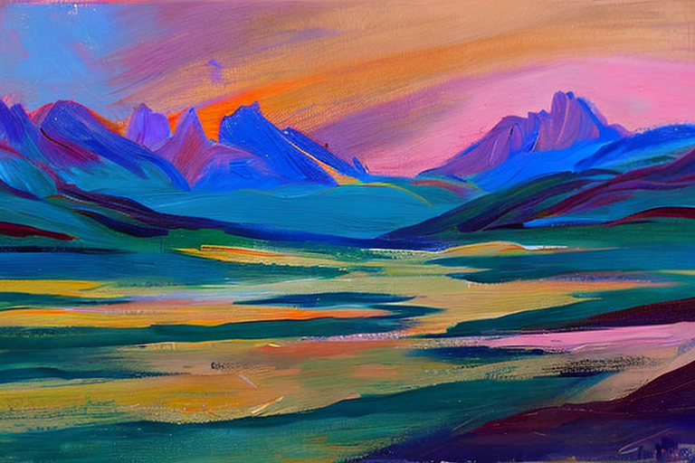 AI generated art representing "The Cordillera del Paine glows with an ethereal light, the sun setting in the summer sky as a golden hue. An abstract landscape of vibrant tones, the symmetry of the scene creating a strong sense of harmony. The light is soft but the colours are bold, a mix of pastels blended together in a dreamy palette."
