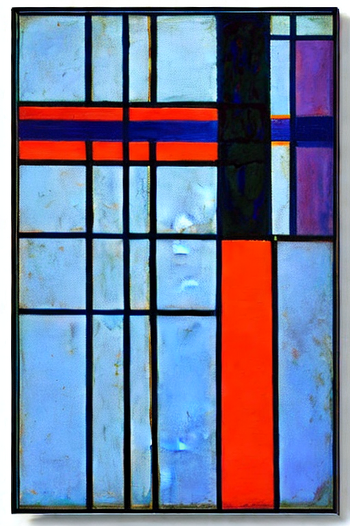 AI generated art representing "Abstract Piet Mondrian Tableau I: A precise and ordered arrangement of lines, shapes, and colours. A mostly monochromatic design of deep blues, purples, and greys, with splashes of red, yellow, and orange for contrast. A subtle, yet strong, energy radiates from the piece."