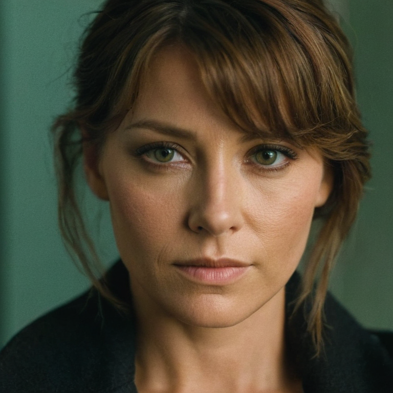 front shot, actor photo of a woman  looks at viewer, cinematic shot