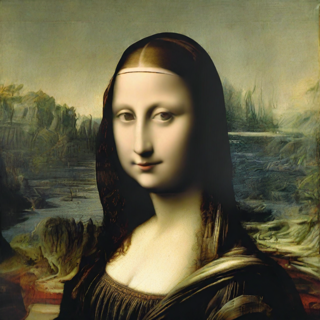front shot, photo of mona lisa looks at viewer, cinematic shot