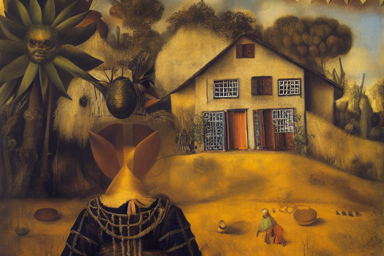 A person standing in front of a house on a sunny day by Rembrandt by Frida Kahlo midjourneyv4