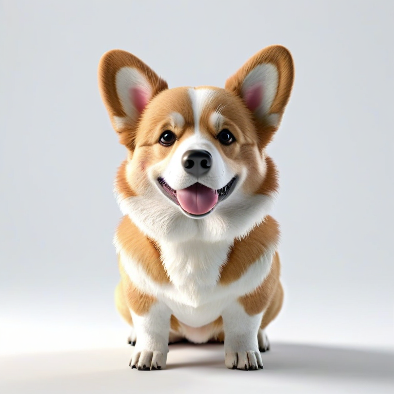 white background, front shot studio 3D render of super cute corgi, cinematic shot
