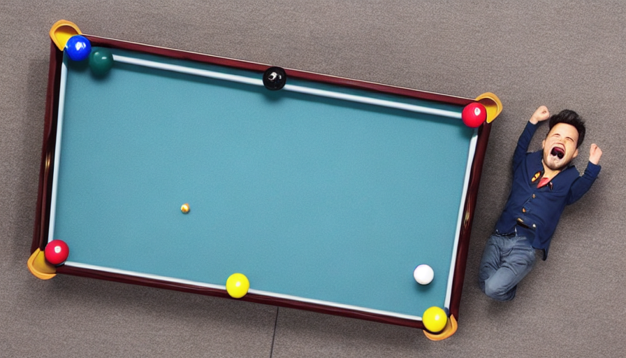 Pool table with happy guy playing