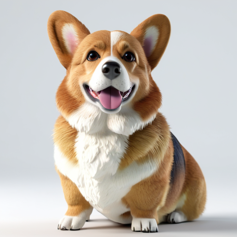 white background, front shot studio 3D render of corgi, cinematic shot