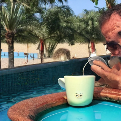 gato bebiendo café en una tumbona en la piscina