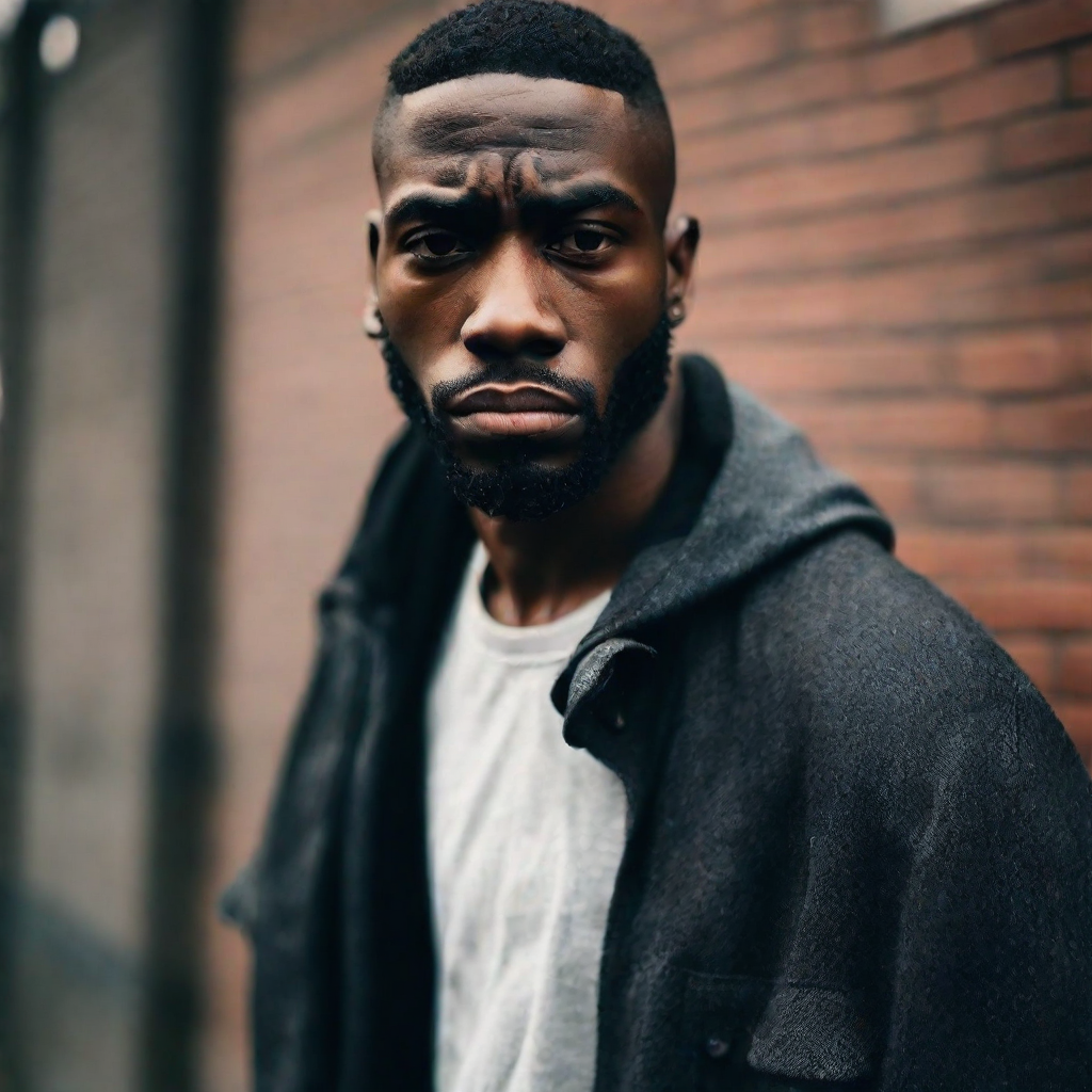 front shot, photo of Black man 5,8” 24 yo, strong jawline, large eyes, large nose, gangster  looks at viewer, cinemati