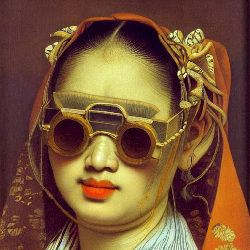 young Asian lady with cool glasses  by Rembrandt by Vincent Van Gogh by Rene Magritte surrealist by Picasso by Gustav Kl