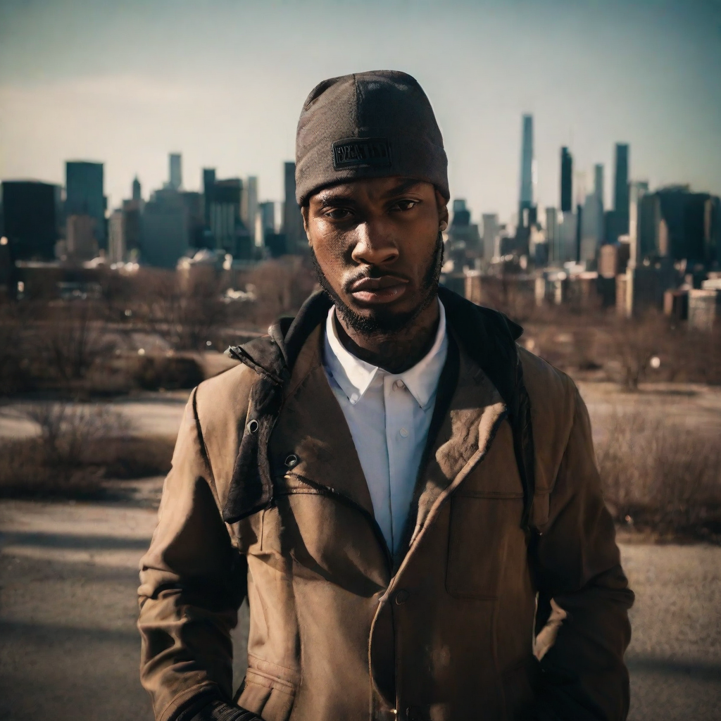 front shot, photo of Urban Chicago gangster 24 yo  looks at viewer, cinematic shot