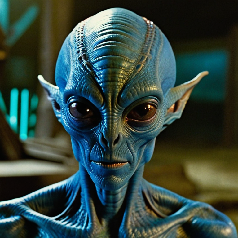 front shot, actor photo of a Blue skin alien  looks at viewer, cinematic shot