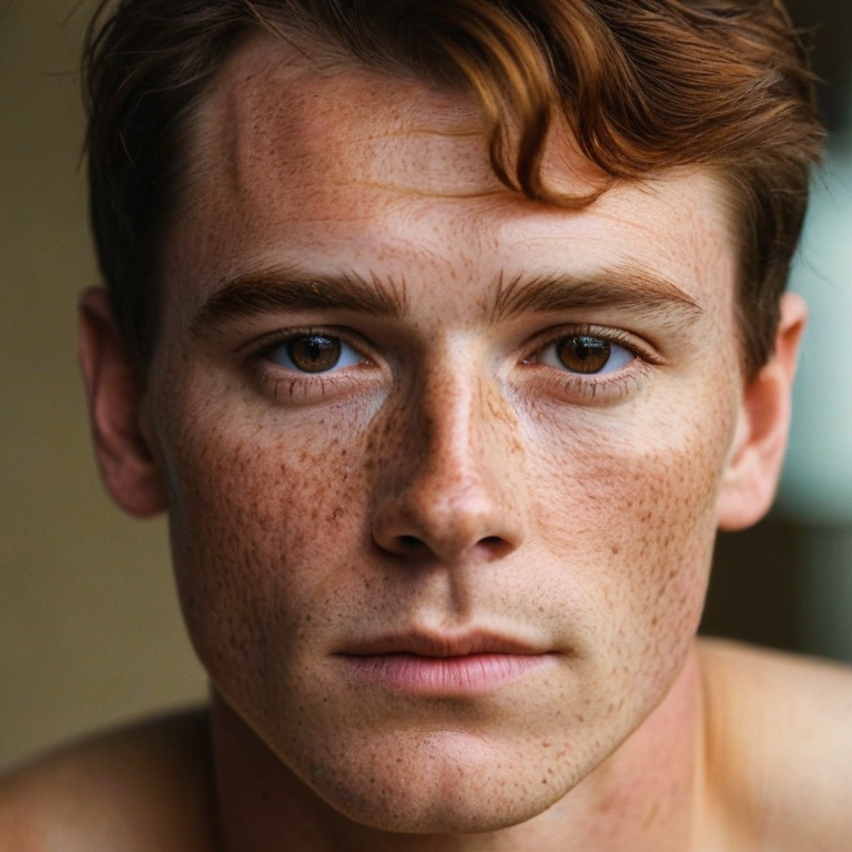 front shot, actor photo of a Man brown hair freckles larger lips  looks at viewer, cinematic shot