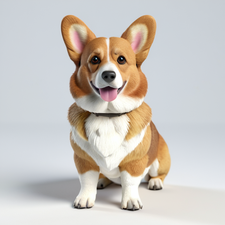 white background, front shot studio 3D render of corgi, cinematic shot