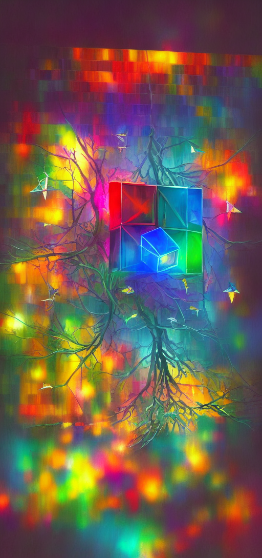 Colorful cube in corner with a lot of keys at night on a tree, by Greg Rutkowski and Jean GiraudFuturism naturalism, con