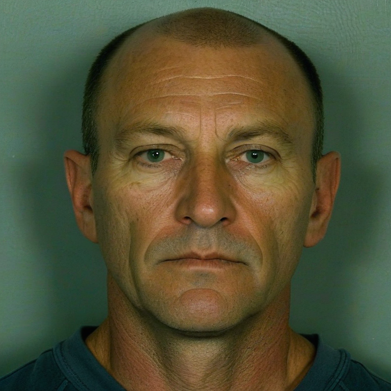 front shot, mugshot photo of a Caucasian man 50 yo no beard  looks at viewer, cinematic shot