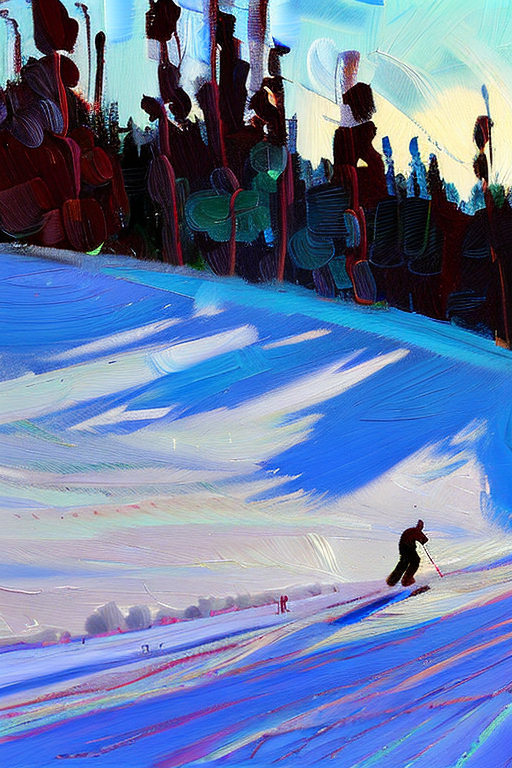 AI generated art representing "skiers, skiing at whistler, silhouettes, viewed from afar, at golden hour, beautifully lit sky. "
