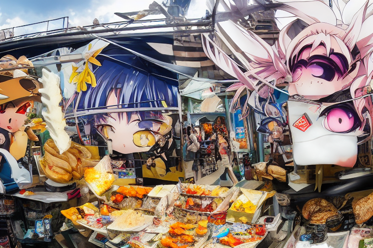 anime bazaar with a small girl steal bread in an alleyway