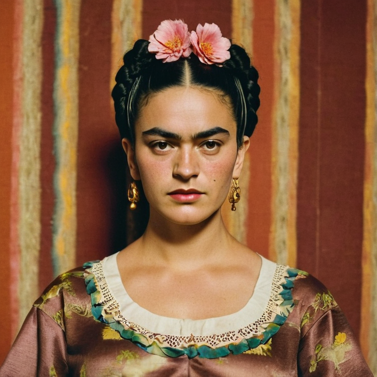 front shot, actor photo of a woman who looks like frida kahlo  looks at viewer, cinematic shot