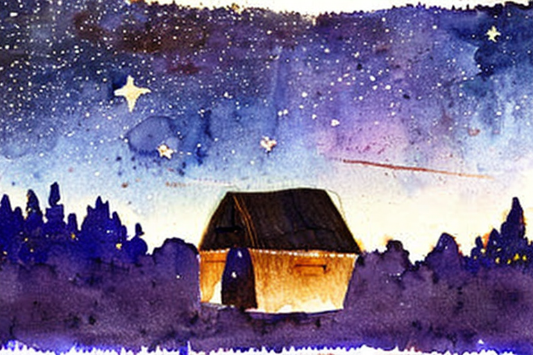 AI generated art representing "Design a mesmerizing nighttime watercolor scene by J.M.W. Turner, showcasing a starry sky with a glowing crescent moon, silhouettes of trees, and a small, cozy cabin, using a color palette of deep blues, purples, and hints of silver."