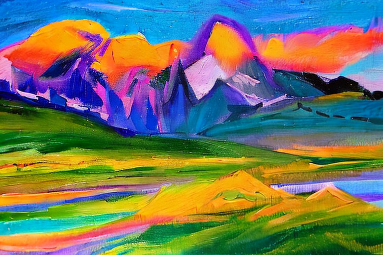 AI generated art representing "The summer sun sets behind the Cordillera del Paine, painting the sky with a brilliant, vibrant palette of deep blues and purples. The strong, bright colors and bold, dynamic brush strokes create a powerful, dramatic landscape, where the golden hour casts an enchanting, mesmerizing light."
