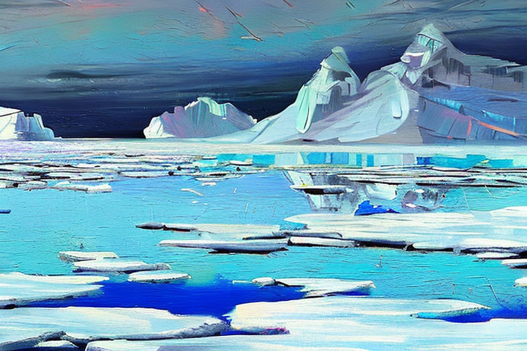 AI generated art representing "robots travel to Antarctica, to investigate melting ice caps and flooding, the year is 2084, futuristic, deserted land."