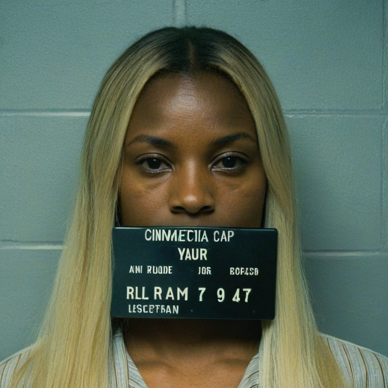 front shot, mugshot photo of a blonde hair  looks at viewer, cinematic shot