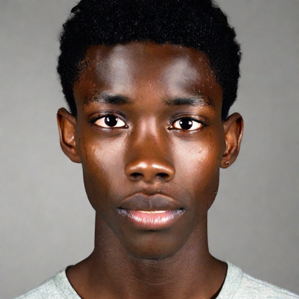 front shot, photo of Black male, skinny, approximately 5’8”, high school age 17 pimples large eyes  looks at viewer,