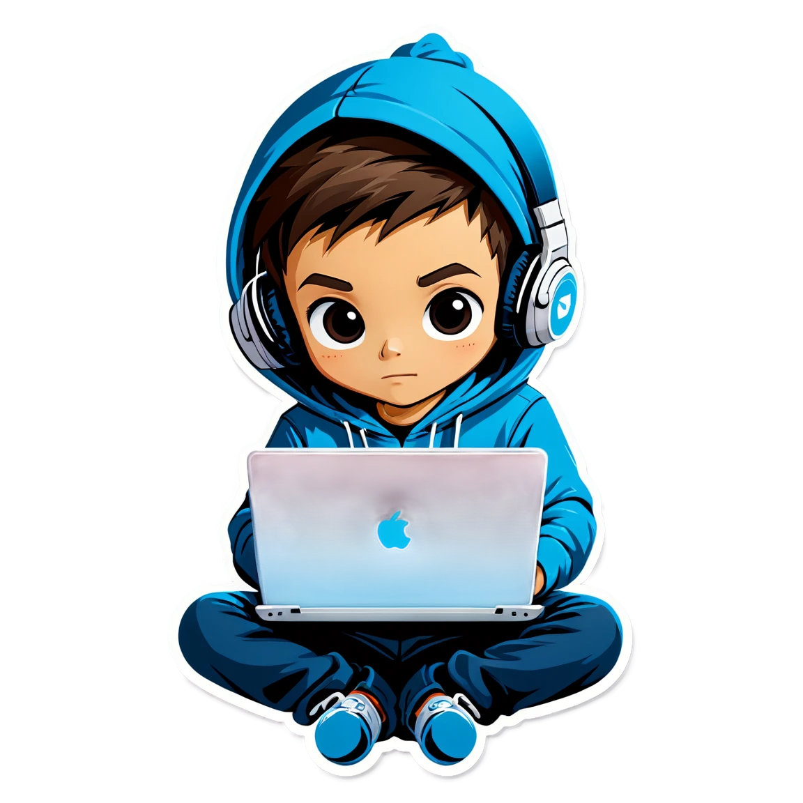 Boy coding on laptop, in a hoodie and over the ear headphones tech stickers