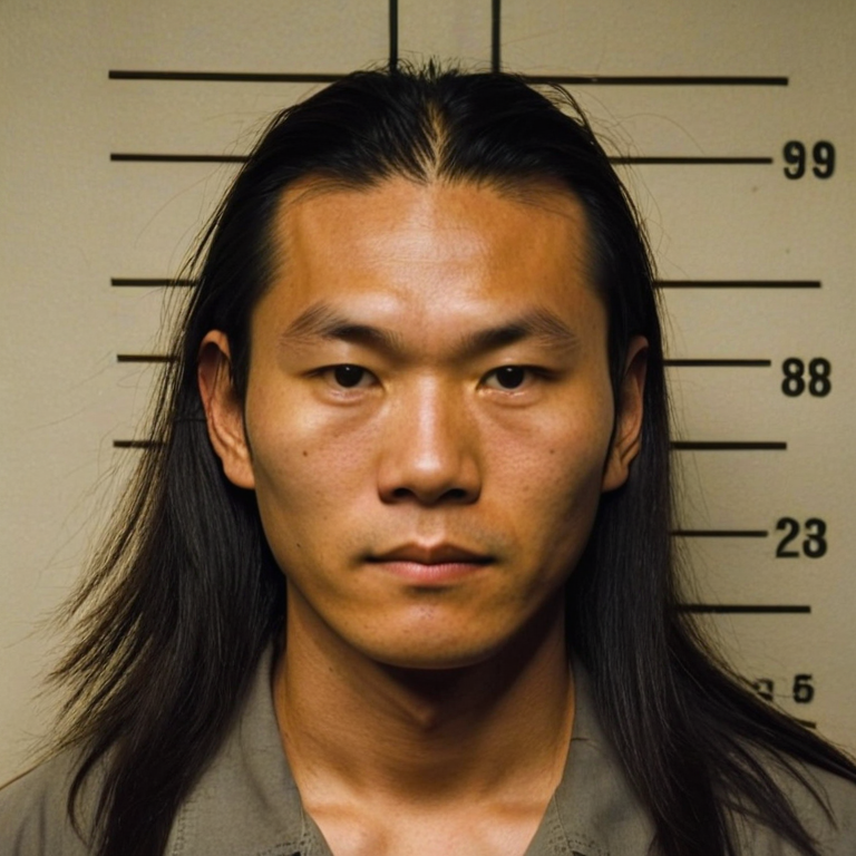 front shot, mugshot photo of a Asian Man early 20s, long hair, no beard  looks at viewer, cinematic shot