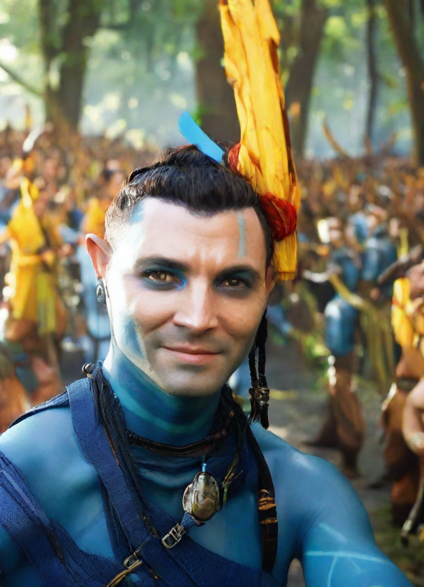 front shot, photo of Avatar movie navi looks at viewer, cinematic shot