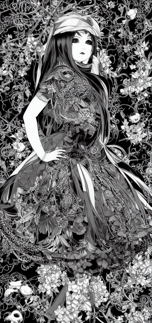 By murakami as a goth with a long beard and a blue dress, looking up at the camera in his right, wearing a leather hoodi