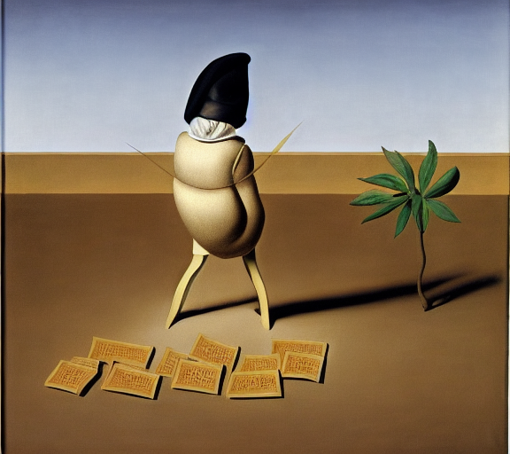 A person standing on a lot of cash  by Rene Magritte surrealist by Rembrandt