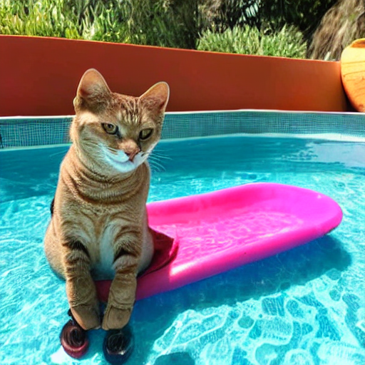 gato bebiendo café en una tumbona en la piscina