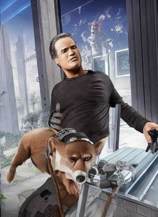 An 80s action hero posing over dystopian cofeee shop