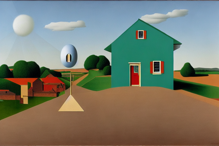 A person standing in front of a house on a sunny day  midjourneyv4 by Rene Magritte surrealist