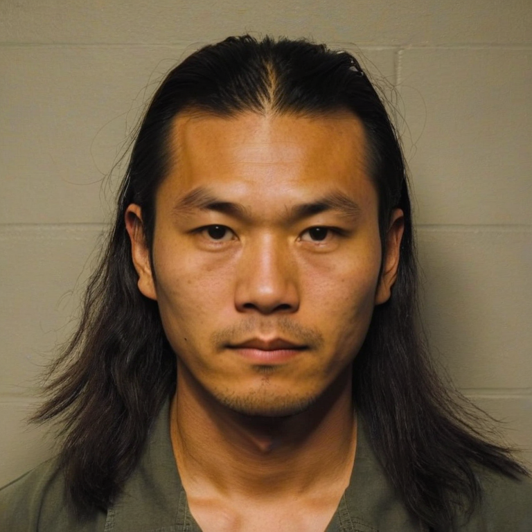front shot, mugshot photo of a Asian Man early 20s, long hair  looks at viewer, cinematic shot