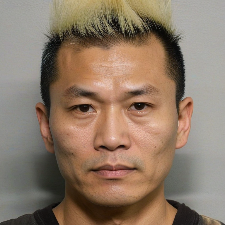 front shot, mugshot photo of a asian man, 40s, no beard, dyed blonde hair, mohawk  looks at viewer, cinematic shot