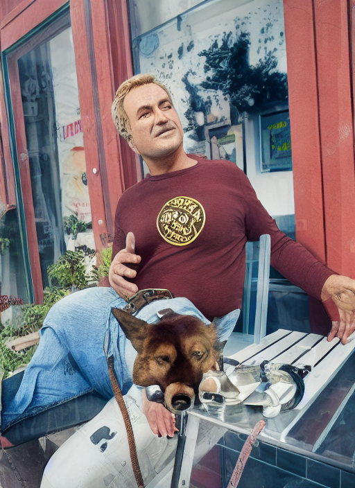 An 80s good guy action hero posing over hipster cofeee shop