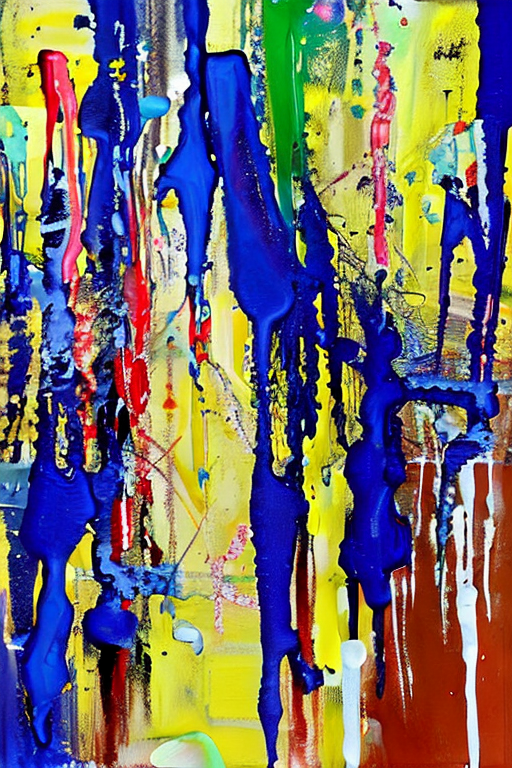 AI generated art representing "Abstract Action painting, with Drips and drizzles, Layered and textured, in a Spontaneous and energetic way - created with a vivid contrast of colours, luminous light, and dynamic brush strokes, to evoke a feeling of movement and life."